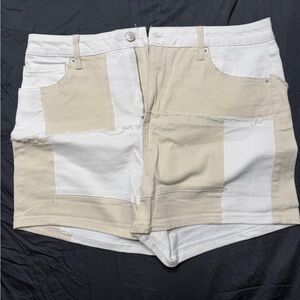 Forever 21 Beige & White Patchwork Jean Shorts